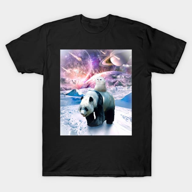 Cute Kitten Cat Riding Panda In Galaxy Space T-Shirt by Random Galaxy